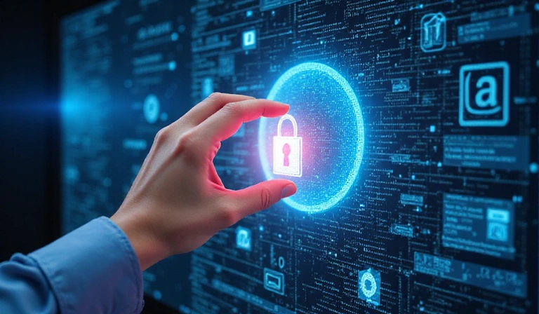 Digital privacy concept with a person protecting personal data on a screen