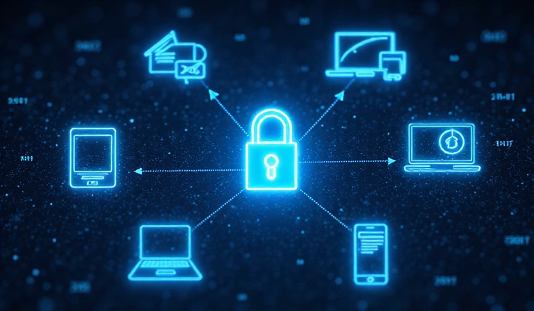 Secure data transfer with encrypted lines and digital lock icons